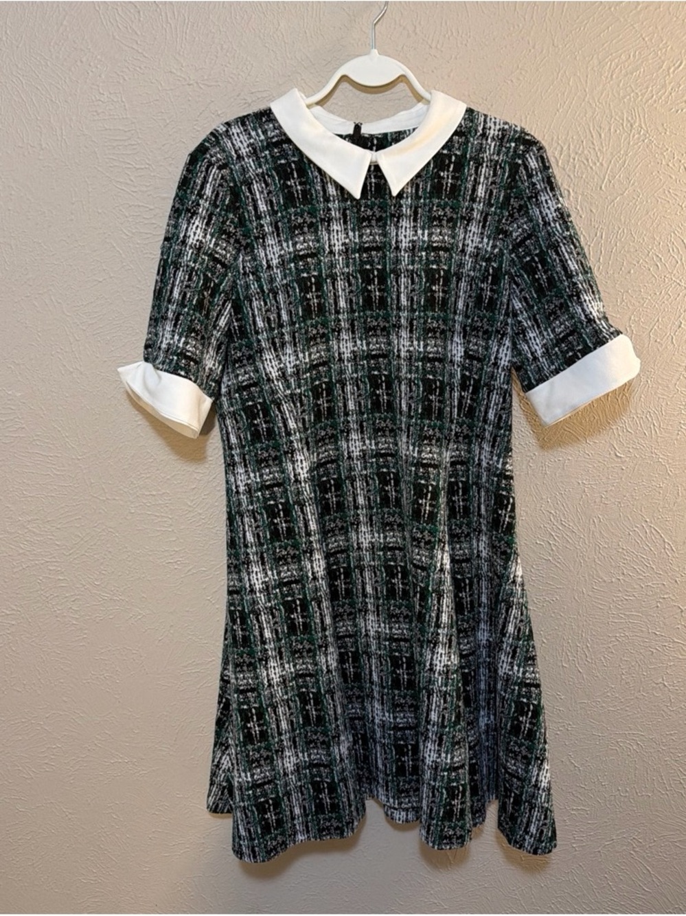 DKNY White Collar Black Green Patterned Dress